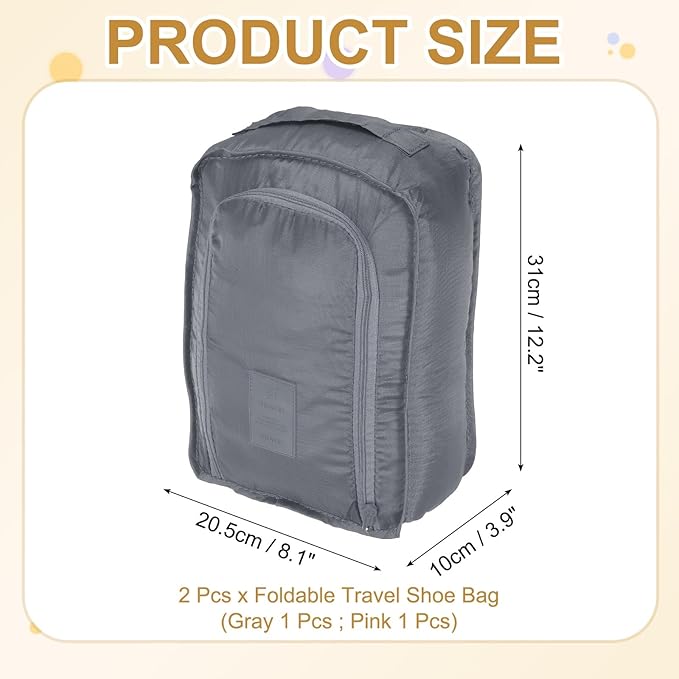 Foldable Travel Shoe Bag, Waterproof Shoe Pouches Organizer with Handle Travel Packing Cubes -Fitting for Storing (Sneakers/Sandals/Fitness Shoes) 2 Pcs & Gray/Pink