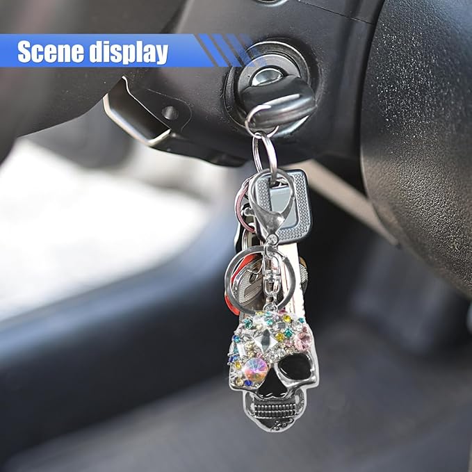 Bling Skull Car Keychain, Funny Metal Auto Key Ring Organizer, Driver Key Fob Holder Present for Men Women (Silver)