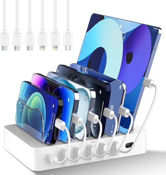Charging Station for Multiple Devices,68W 6 Port 20W Fast Phone Charger Dock with 6 Cables, Compatible with Apple Cellphone iPad iPhone Tablet and Other Electronic(White)