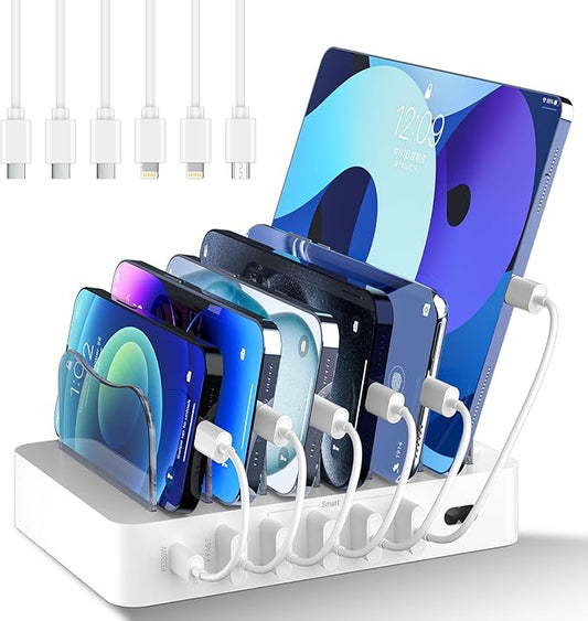 Charging Station for Multiple Devices,68W 6 Port 20W Fast Phone Charger Dock with 6 Cables, Compatible with Apple Cellphone iPad iPhone Tablet and Other Electronic(White)