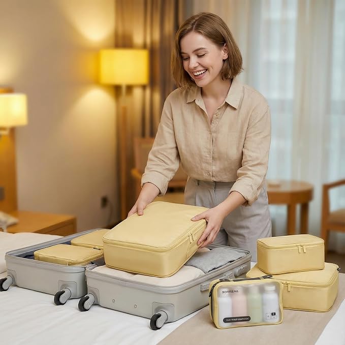 6 Set Compression Packing Cubes for 7–14 Day Travel, Bright Yellow | Nylon Oxford Fabric, Full Breathable Mesh, Reinforced Double-Zipper, Small to Large Size Bag, Expandable Packing System