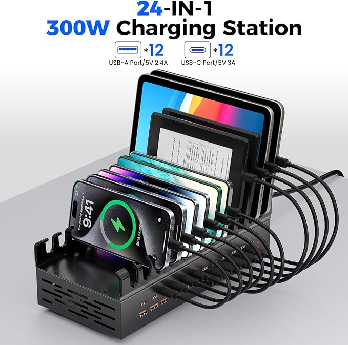 300W USB Charging Station for Multiple Devices, 24 Port USB C Fast Charging Station, Multi Device Charger Station Organizer Compatible with Tablet, Laptop, Cellphone, iPhone, iPad (300, Watts)