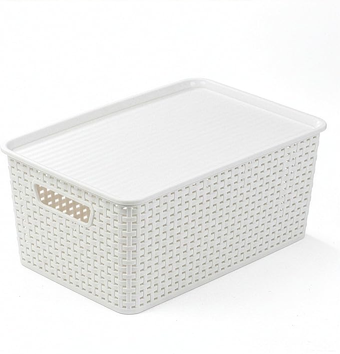 BINO | Plastic Storage Baskets with Lids, 15.5 Liter - 3 Pack, White | THE WOVEN COLLECTION | Storage Basket for Shelves Woven Storage Baskets for Organizing Bins Pantry Shelf Organizer Container Bin