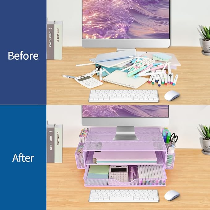 AUPSEN Computer Monitor Stands Riserï¼?-Tier Desk Organizers and Accessories, Office Desk Accessories Organizer with Drawers and 2 Pen Holder for Office Supplies (Purple)