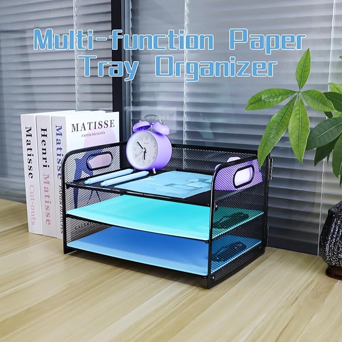 3 Tier Desk Organiser with Handle, Pull-Out Mesh File Organizer for Letter Tray Organizer Mesh Desk Organiser Tray Paper Storage Rack for A4 File Office Supplie, Black