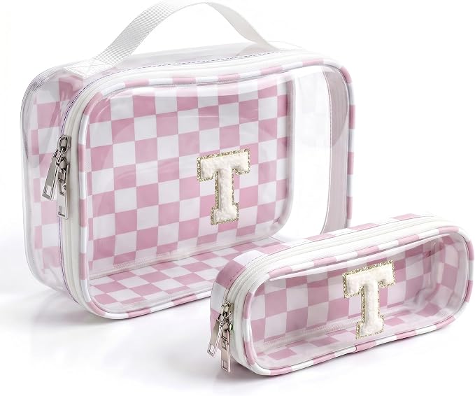 Cute Monogram Personalized Initial Makeup Bag - Clear Pink Checkered Sunscreen Cosmetic Pouch Make Up Case for Her Best Friend, Sister, Teacher, Birthday Gifts Travel Beach Essentials(T,Pink&Beige)