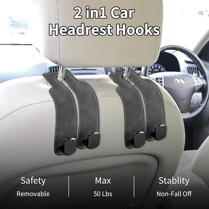 vidonio 2 Pack Double Car Seat Hooks for Headrest, Rotatable Purse Holder for Car, Premium Leather Car Hooks for Purses and Bags, Headrest Hooks and Storage Accessories (Grey)