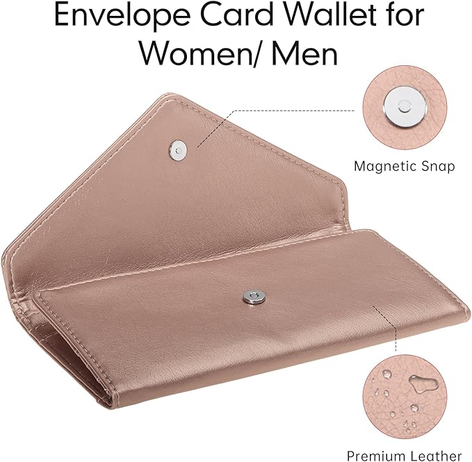 Envelope Wallets for Women Leather Credit Card Holder with RFID Blocking,2 ID Window, Zip Coin Pocket, Rose Gold