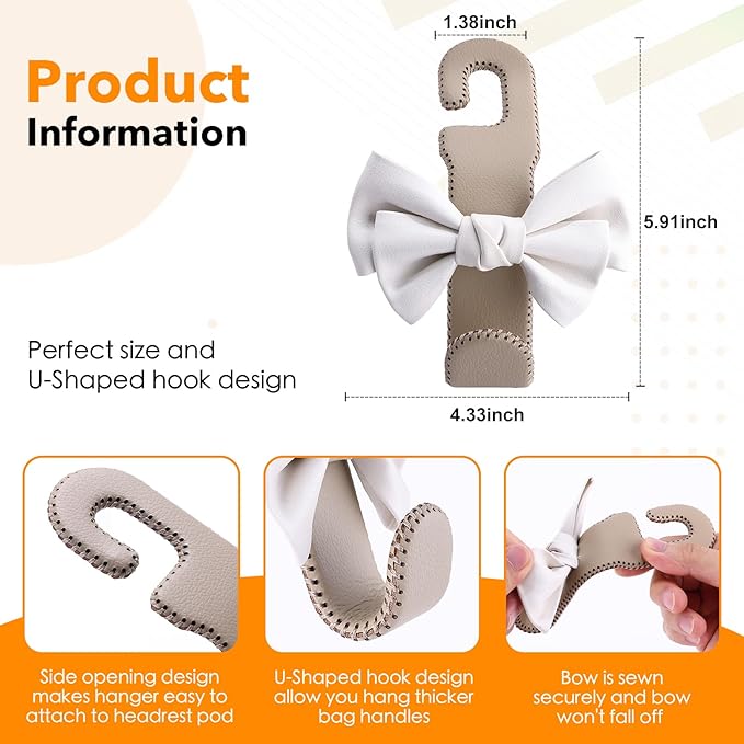 Car Purse Hook, Cute Bow Hooks for Headrest - Leather U-Shaped Purse Holder for Car, Flexible Seat Back Organizer & Durable Vehicle Accessories for Bags, Coats & More (Beige-2 Pack)