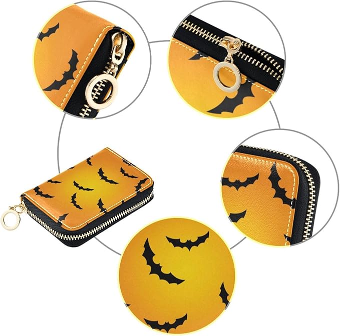Halloween Bat RFID Credit Card Holder Wallets Accordion for Women Leather Zipper Card Case Accordion Wallet for Ladies Girls