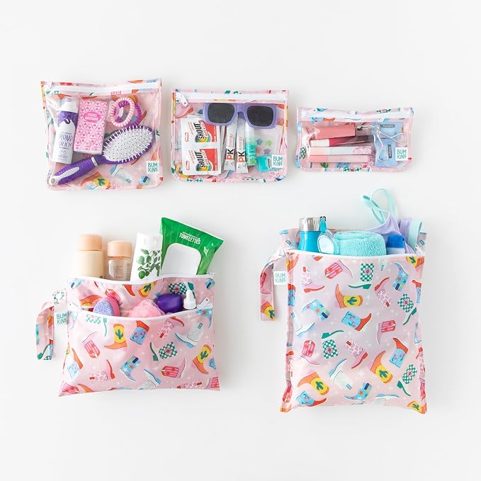 Bumkins - Waterproof Wet Bag, Wet/Dry Clutch & Clear Travel Bags - For Beach, Baby, Travel, Cloth Diapers, Pump Parts, Pool, Gym, Toiletries - Reusable & Easy to Clean - Cowgirl Boots - 5 Pack