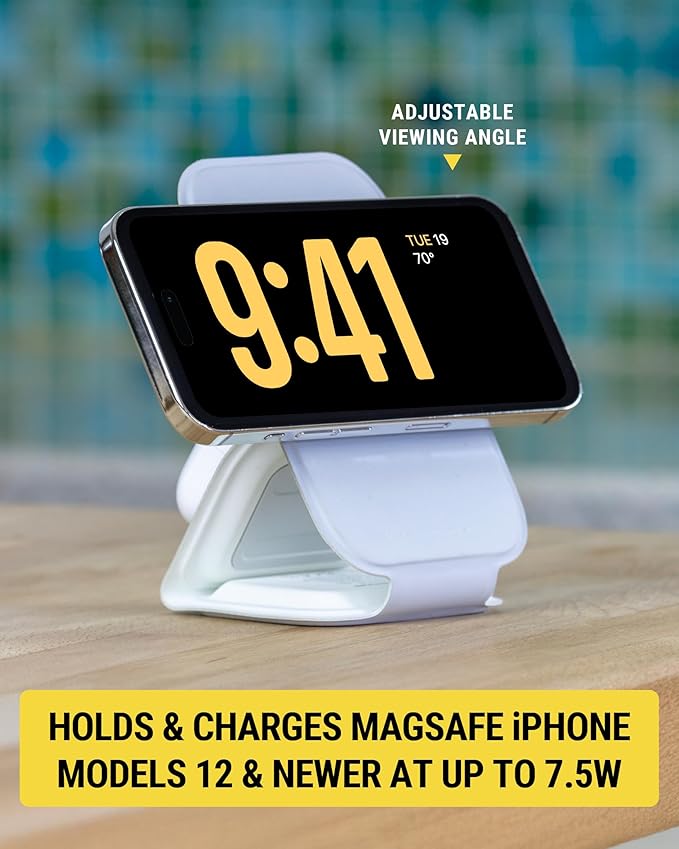 Scosche MSQFG2N1WT MagicMount Travel 2-in-1 Magnetic Dual Wireless Charging Station, Fast Charger Stand w/Foldable Flat Pad, Compatible with MagSafe Apple iPhone 16/15/14/13/12/Pro Max/Airpods, White