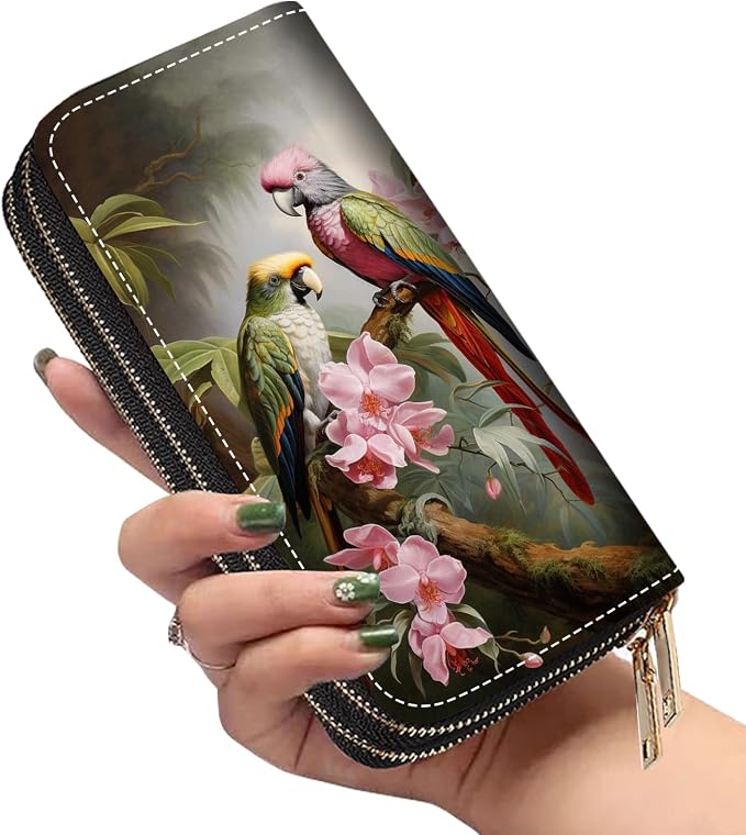 Women's Large Capacity Wallet PU Leather Double Zipper Clutch Purse Multifunctional Wallet with Removable Wristlet Strap for Smart Phone/Coin/Card/Cash, Parrot