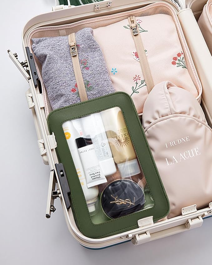 LETGO Clear Makeup Bags, TSA Approved Toiletry Bag with Zipper, Travel Makeup Organizer Fit Carry-on Travel Essentials,Small Cosmetic Bags Pouch for Women Men (Clear-Vintage Green)