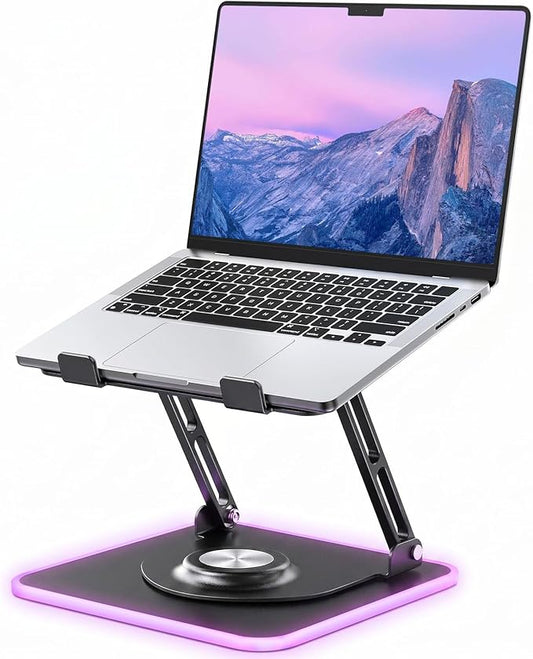 JOYEKY RGB Laptop Stand for Desk, Adjustable Ergonomic Laptop Riser with 360° Rotating Base, Foldable & Portable Computer Stand, Suitable for All 10-16” Laptops