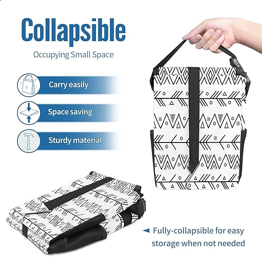Car Trash Can Black White Geometric Print Auto Garbage Bag Car Trash Can with Lid Leak-Proof Car Storage Bag Garbage Bag Hanging for Headrest Collapsible and Portable with Storage Mesh Pocket