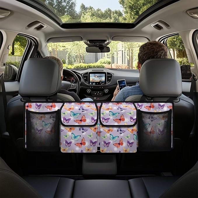 Colorful Butterfly Car Trunk Organizer Hanging Multipurpose Auto Backseat Storage Bag Universal Automotive Interior Accessories with 4 Pockets 3 Adjustable Straps