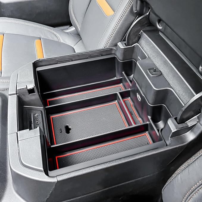 Center Console Organizer Compatible with 2019-2022 Chevy Silverado/Sierra 1500 and 2020-2023 Silverado/Sierra 2500HD 3500HD Accessories Armrest Full Size Tray,Full Console w/Bucket Seats ONLY,Red