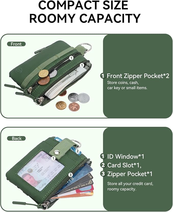 BOSTANTEN Small Wallet RFID, Minimalist Zip ID Case Wallet with Lanyard Keychain, Water Resistant Card Wallets for women & Men, Green
