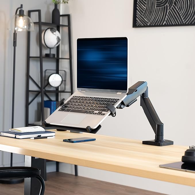 VIVO Universal Adjustable 10 to 15.6 inch Laptop Mount for Desk, Single Tension Arm VESA Notebook Stand with C-clamp and Grommet Options, Black, STAND-V001O-L