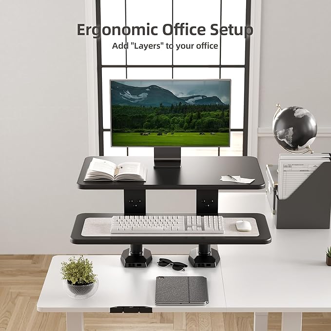 Claiks 24-Inch Sit-Stand Workstation，Innovative Space-Saving Height-Adjustable Ergonomic Desk Converter with Wide Keyboard Tray，Dual Fixation and Flexible Rotation Function, Black