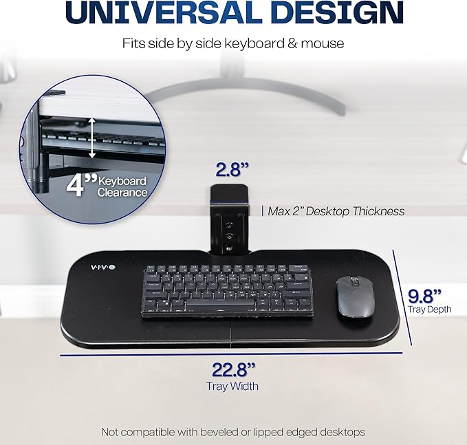 VIVO Clamp-on 23 x 10 inch Rotating Computer Keyboard and Mouse Tray, Extra Sturdy Desk Swivel Clamp, Ergonomic Typing, Black, MOUNT-KB04CB