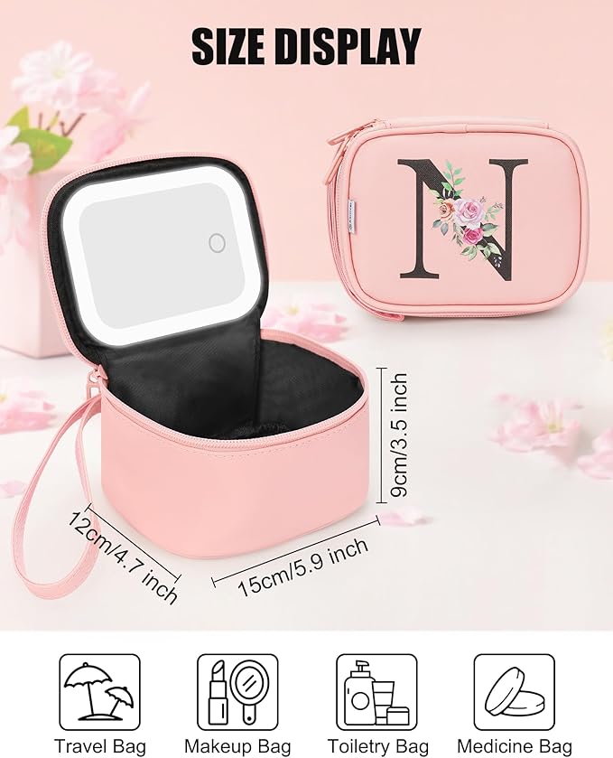 Relavel Mini Makeup Bag with Led Mirror for Women, Initial Cosmetic Bag with Adjustable Brightness, Personalized Travel Toiletry Bag, Preppy Make Up Pouch for Trip - Pink N