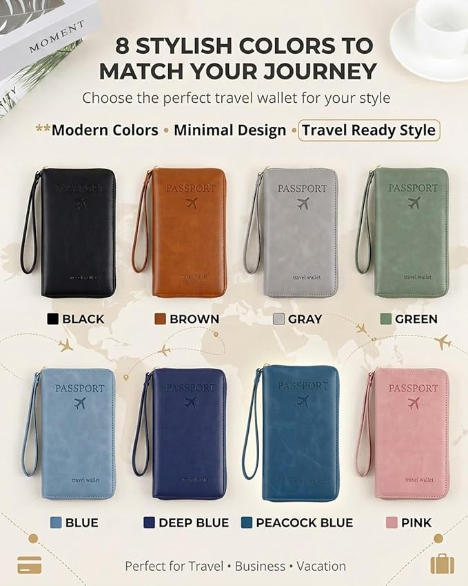 RFID Blocking Wallet for Women Men Cash Travel Passport Holder Family PU Leather Phone Document Organizer Case Cover Pouch with Lanyard Zipper Boarding Pass Id Card Pocket(Black)