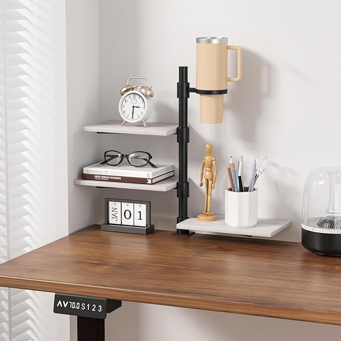 3-Tier Clamp On Desk Shelf with Cup Holder, Rotatable Height Adjustable Over or Under Desk Storage Shelves, Heavy Duty Desktop Organizer for Office Dorm Room Gaming Kitchen