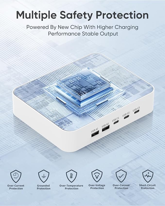 MSTJRY USB C Charging Station for Multiple Devices : 90W 5 Ports Multi Fast Charger for iPhone iPad Tablets Phone - Charging Dock Organizer with Adjustable Dividers for Home Office Classroom