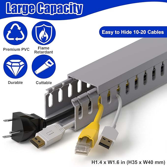 ZhiYo H1.4 W1.6 in Server Rack Cable Management Raceway, 144in (4X L36in) Cable Raceway Kit, Electrically Safe PVC Open Slot Wire Cord Hider for Under Desk/Computer/Network Cords, Gray