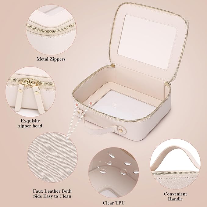 Pinkmik Clear Makeup Bag for Women Waterproof Travel Cosmetics and Toiletries Case Portable Makeup Oaganizer Bag Clear Car Bag with Zipper (Beige, M+L)