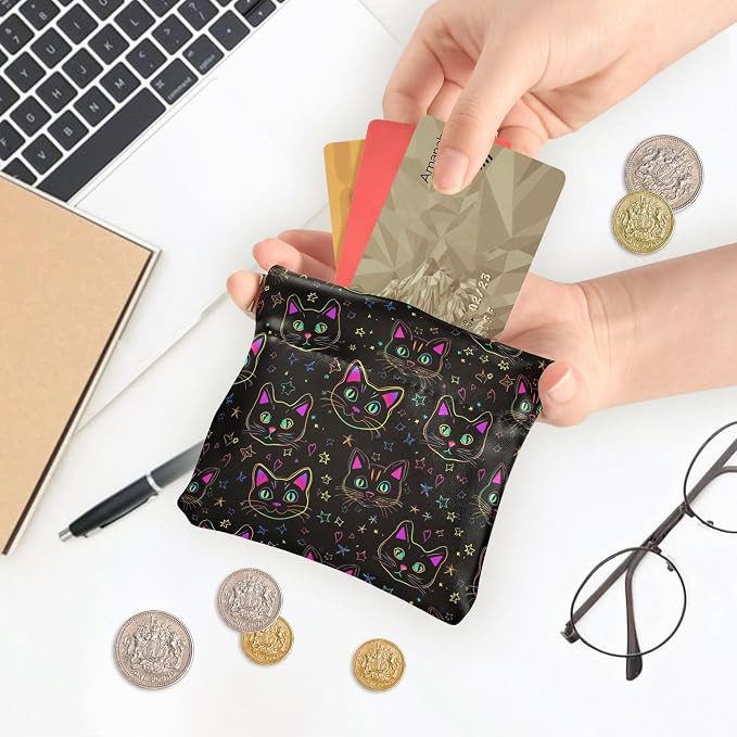Neon Cat Women's Waterproof PU Leather Coin Purse, Slim Travel Wallet with Zipper - Compact Card Holder & Jewelry Organizer for Cash, Keys, Lipstick