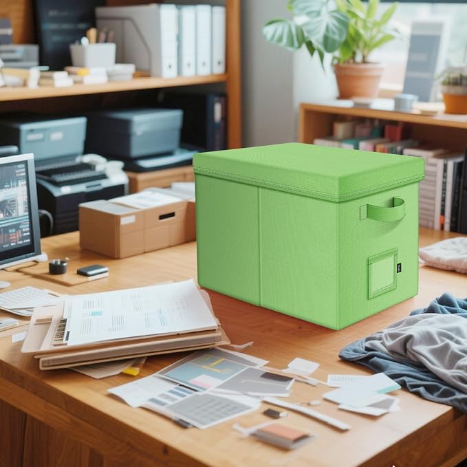 File Organizer Box with Lid, Linen Hanging File Storage Box with Handle, Collapsible Document Filling Box for Letter/Legal Folder, Portable File Box for Office/Decor/Home (1 Pack, Green)