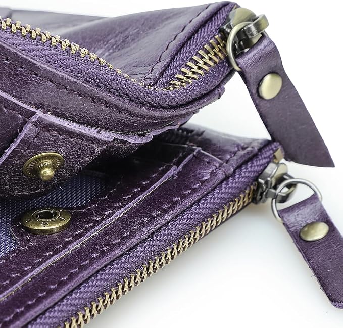 CONTACTS Soft Leather Wallet for Women Small Bifold Coin Purse Double Zipper Card Holder with RFID Blocking (Eggplant Purple)