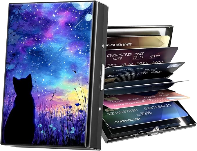 Metal Wallet,Credit Card Holder for Women Men,RFID Blocking Card Holder Mini Slim Aluminum Wallet ID Case Hard Case Business Card Holder Case,Cute Cat Galaxy