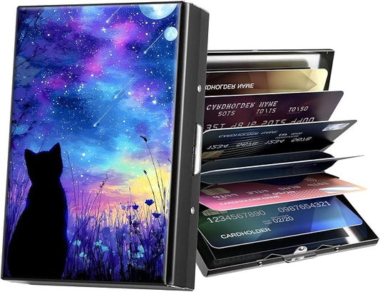 Metal Wallet,Credit Card Holder for Women Men,RFID Blocking Card Holder Mini Slim Aluminum Wallet ID Case Hard Case Business Card Holder Case,Cute Cat Galaxy