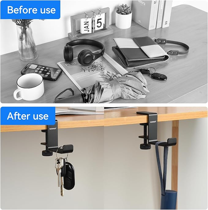 aceyoon Under Desk Headphone Hanger, Aluminum Headphone Stand,Headset Holder Space-Saving for Bag/Backpack/GamingHeadphone, Black