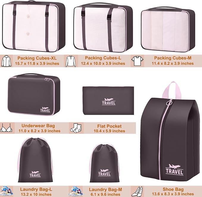 Packing Cubes for Travel - 8 Set Luggage Organizer Bags for Family, Mesh Breathable Packing Cubes for Suitcases Durable Travel Essentials Bags Set (Upgrade-Brown)