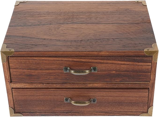 Garneck Wooden Organizer with 2 Drawers Desktop Vintage Storage Box Multifunctional Small Cabinets for Makeup Jewelry File Paper Sundry Containers for Home Office