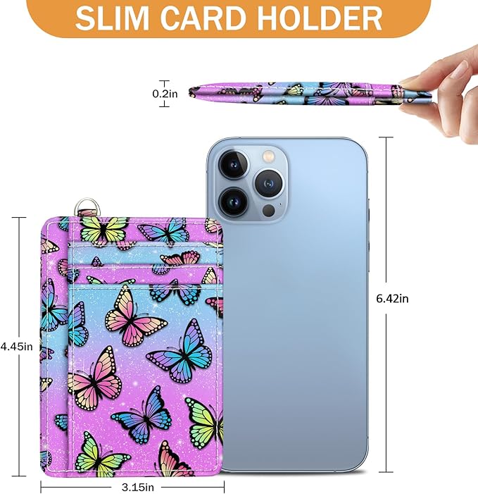 Yonlevres Credit Card Holder Slim Wallet, Butterfly RFID Wallet Women Front Pocket Small Card Holder, Travel Cute Funny Thin Card Case ID Window PU Leather RFID Blocking Card Organizer Gifts Girls