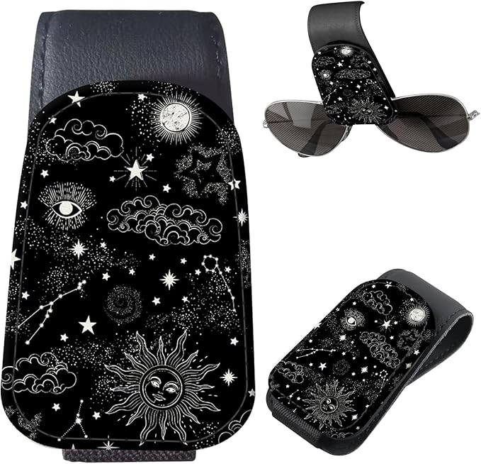 Sunglasses Holder for Car Visor, PU Leather Glasses Clip Organizer, Cute Magnetic Eyeglass Holder for Vehicle Sun Visor, Car Interior Accessory for Women & Men Black Celestial Sun Moon