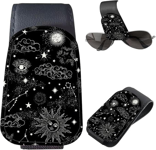 Sunglasses Holder for Car Visor, PU Leather Glasses Clip Organizer, Cute Magnetic Eyeglass Holder for Vehicle Sun Visor, Car Interior Accessory for Women & Men Black Celestial Sun Moon