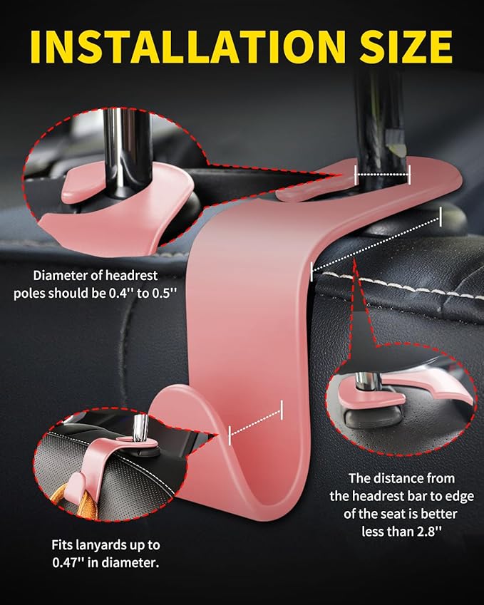 8 Pack Car Seat Headrest Hooks with 44 Pounds Load Capacity, Hangers Storage Organizer Universal Car Interior Accessories for Handbags Water Bottles Purse Coats Umbrellas, Pink