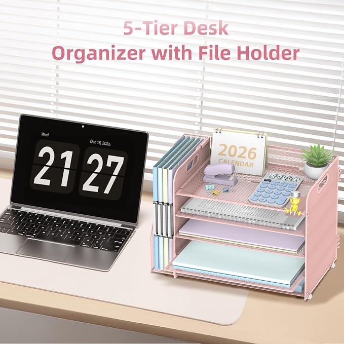 SUPEASY 5-Tier Desk Organizer with File Holder, Desk Organizers and Accessories, Paper Organizer for Desk, Mesh Desktop File Organizer, Workspace Organizers for Office School Home, Pink