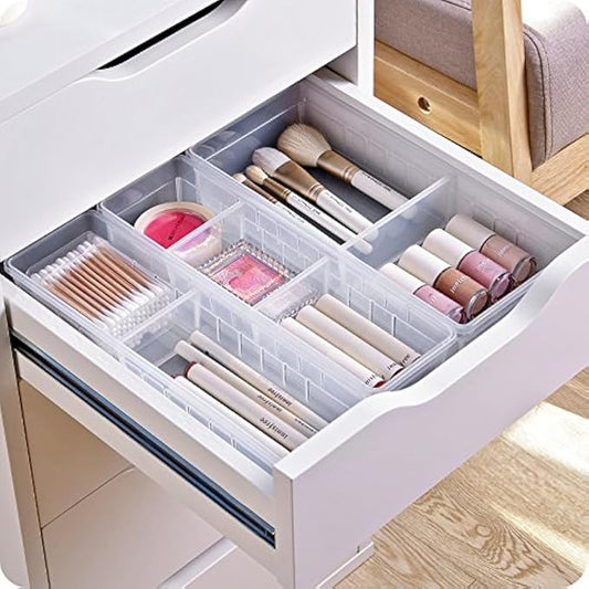Chris.W Desk Drawer Organizer Tray with Adjustable Dividers, Multi-Drawers for Makeups, Utensil, Pens, Flatware and Junks - Set of 4 (2 Large + 2 Small),13.8 Inch Length