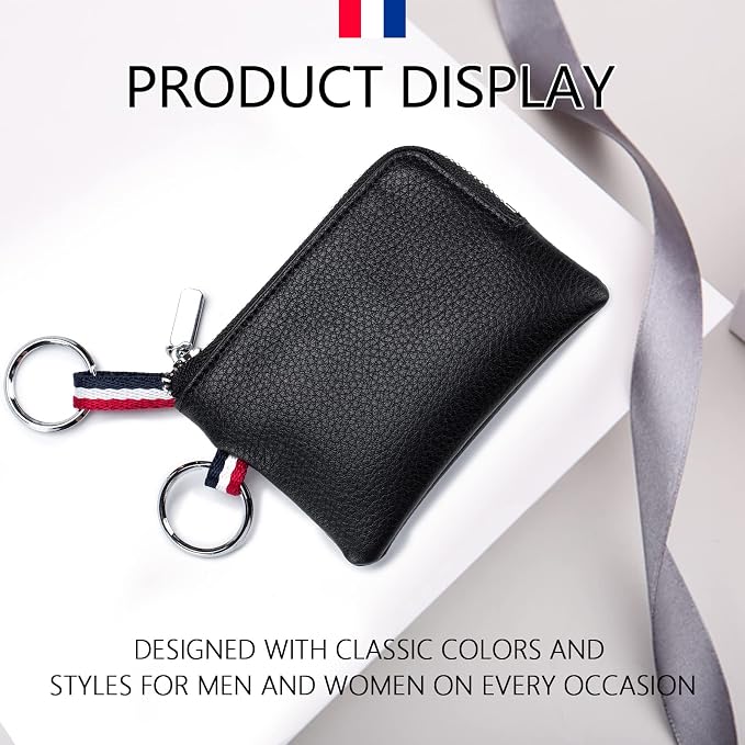 Leather Coin Purse, Change Purse for Men Women (Black, standard) | Mini Coin Pouch with Zipper & 2 Keyrings, Water-resistant Genuine Leather Wallet for Pocket, Daily,Gifts