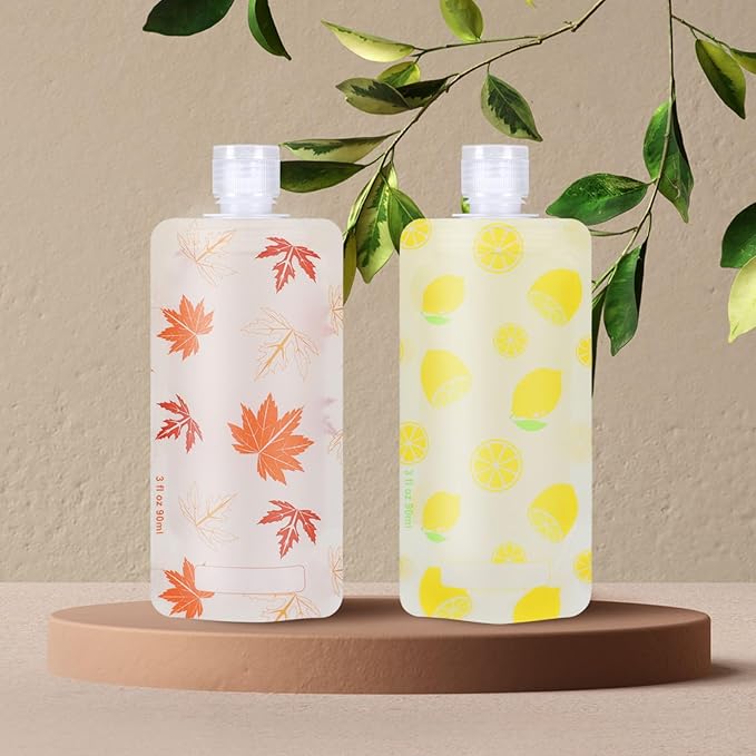 PACKISM 11 Pack Travel Pouches for Toiletries, 3 oz TSA Approved Liquid Containers, Leak Proof Squeeze Bags for Cruise & Camping, Space Saving Refillable Carriers, Active Yellow Lemon Red Maple Leaf