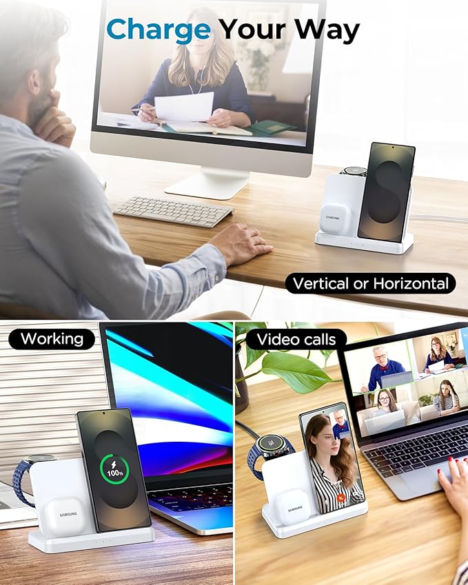 EGV Wireless Charger for Samsung – 3 in 1 Wireless Charging Station for Galaxy S26 Ultra S25 S24, Z Fold Flip 7/6, Detachable Watch Charger for Galaxy Ultra 8/7/6, Foldable, Fast Charging, White