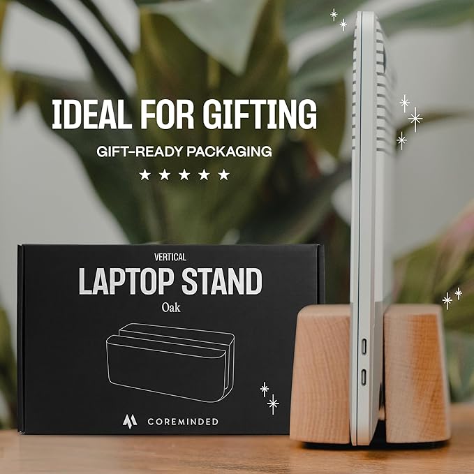 Adjustable Vertical Laptop Stand for Desk, Wooden Laptop Holder, MacBook Pro Stand, Wood Mac Air Dock (Solid Oak)